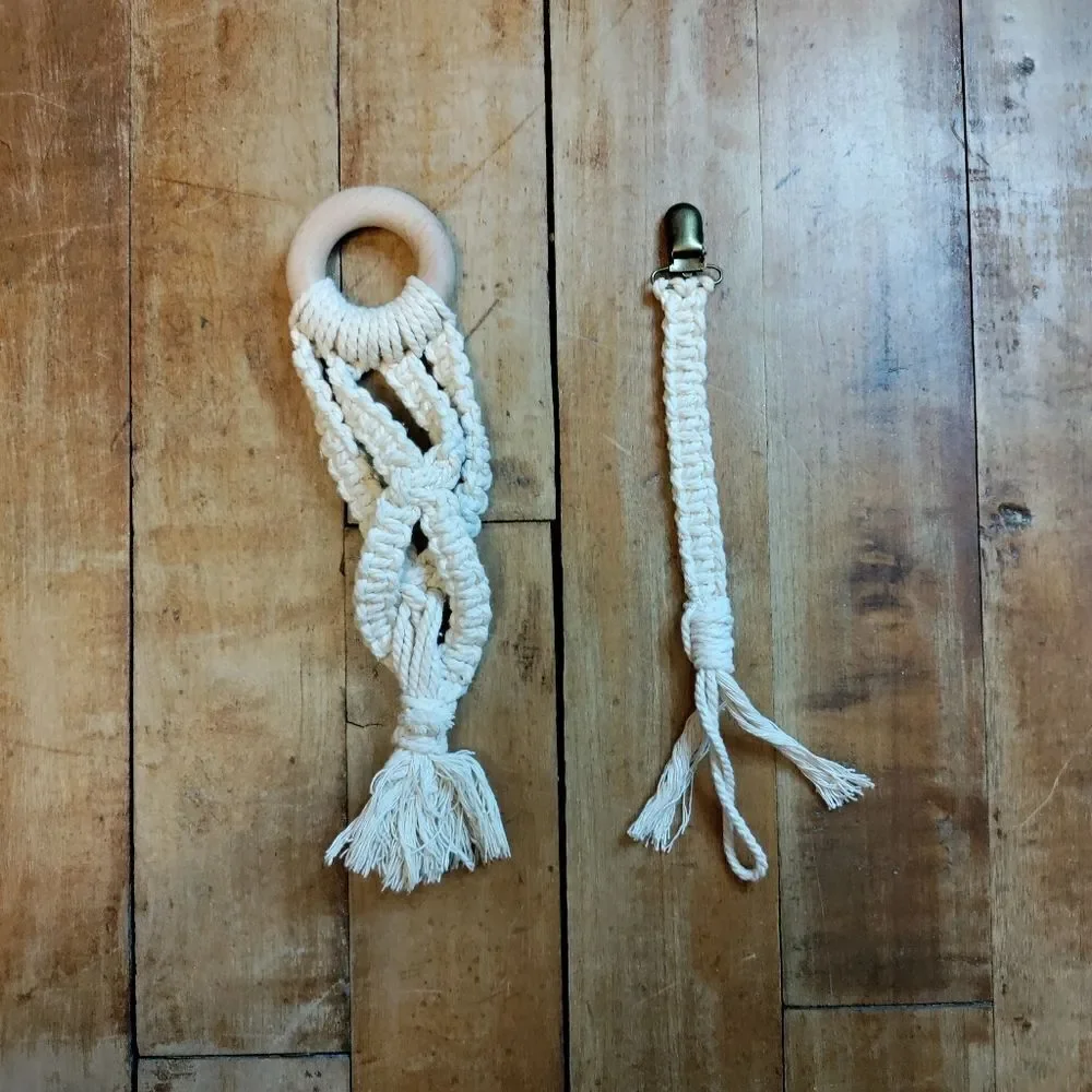 Baby teething ring pacifier clip handmade handwoven cream wooden ring new